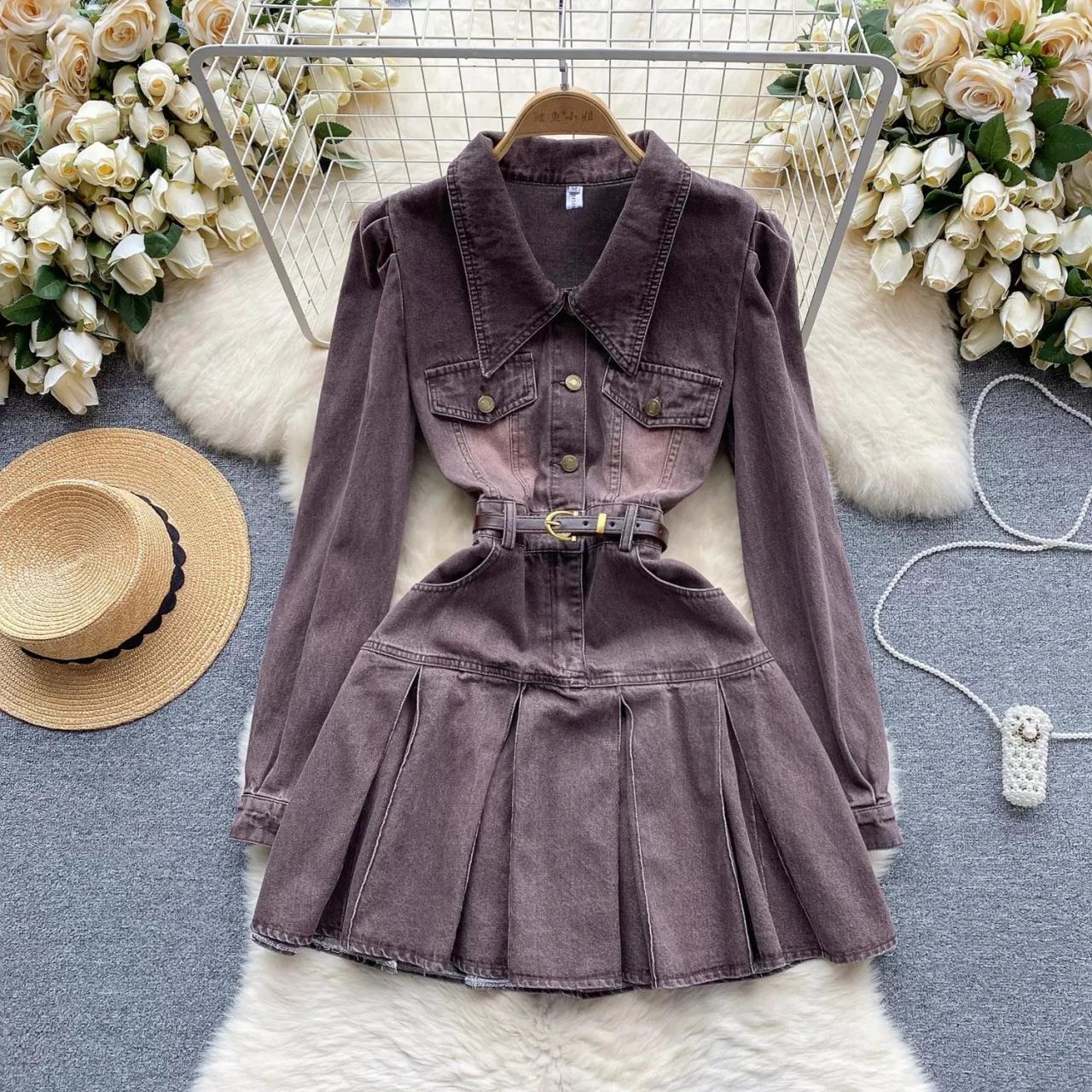 Womens Vintage-Inspired Belted Corduroy Shirt Dress