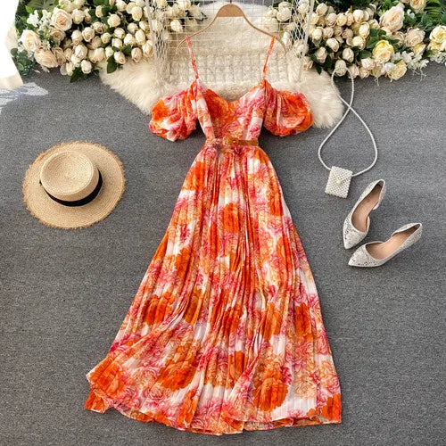 Flower Printed Short Sleeves One Shoulder Bohemia Maxi Dresses
