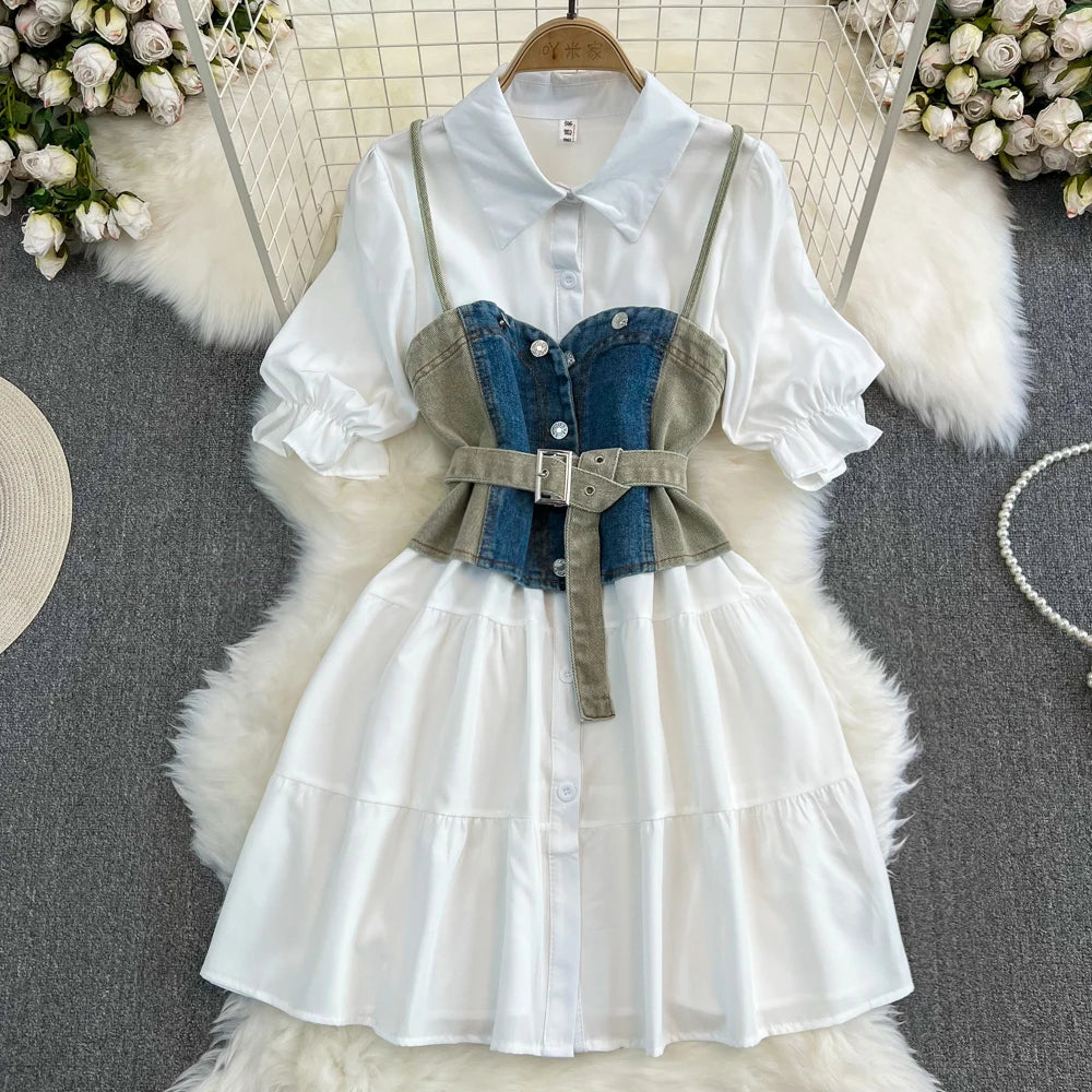 Womens Casual Denim Corset Belted White Shirt Dress on Luulla