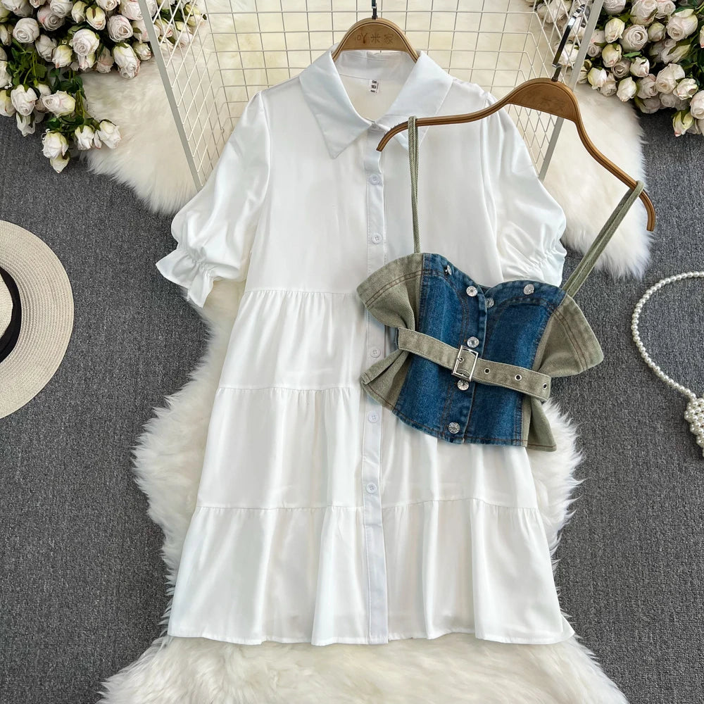 white christmas dresses Denim Corset Overlay Shirt Dress