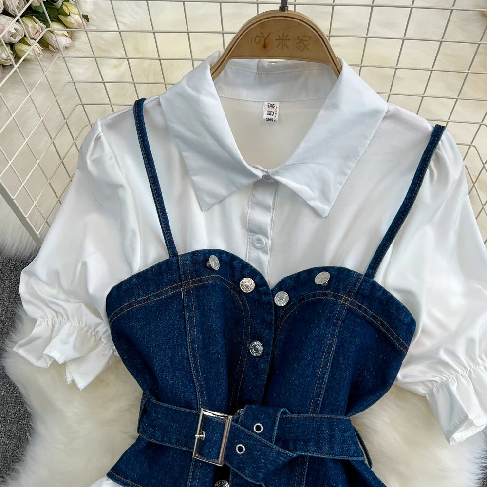 white christmas dresses Montsand Denim Blue Corset Midi Dress main image 1