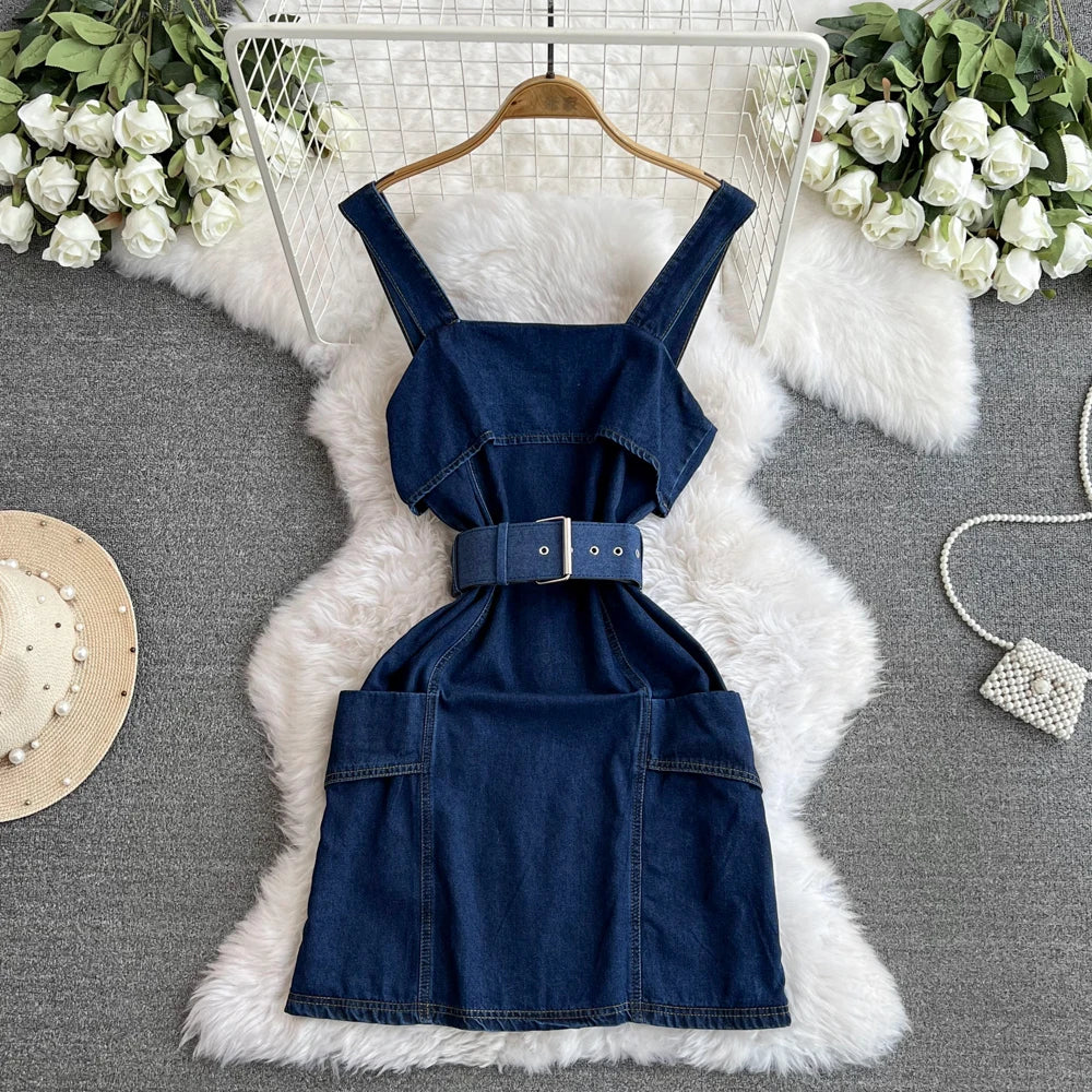 Stylish Denim Sleeveless Mini Dress With Belted Waist