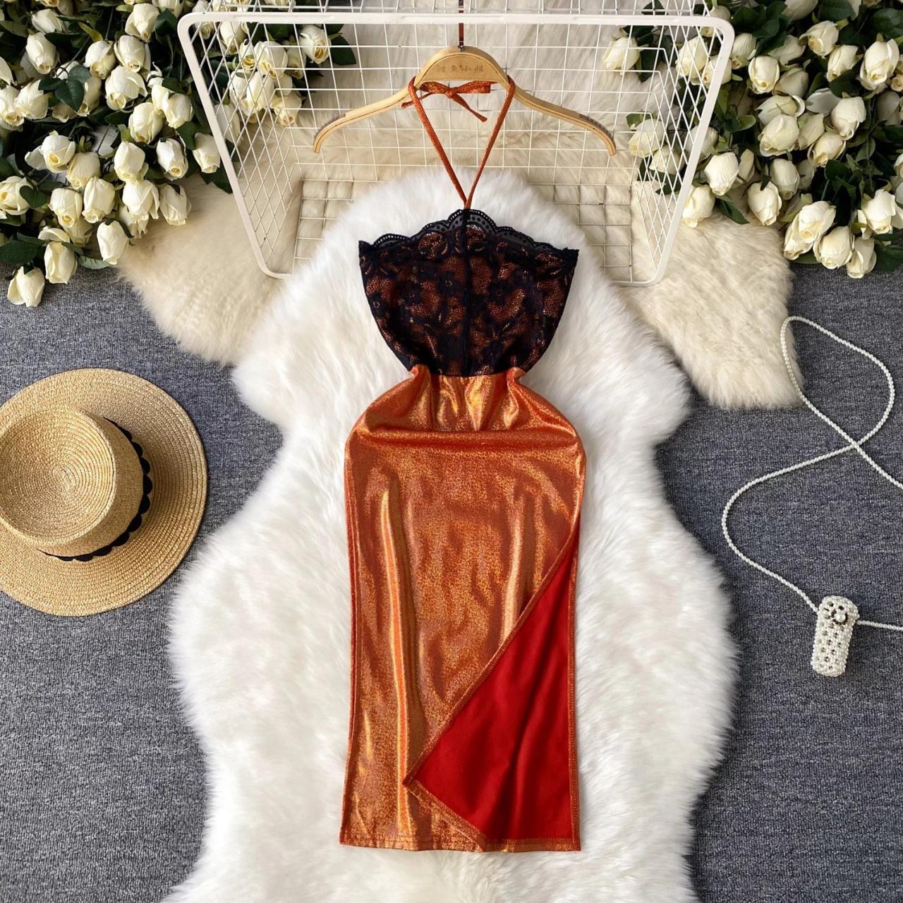 Elegant Lace Top Satin Slip Dress With Contrast Hem