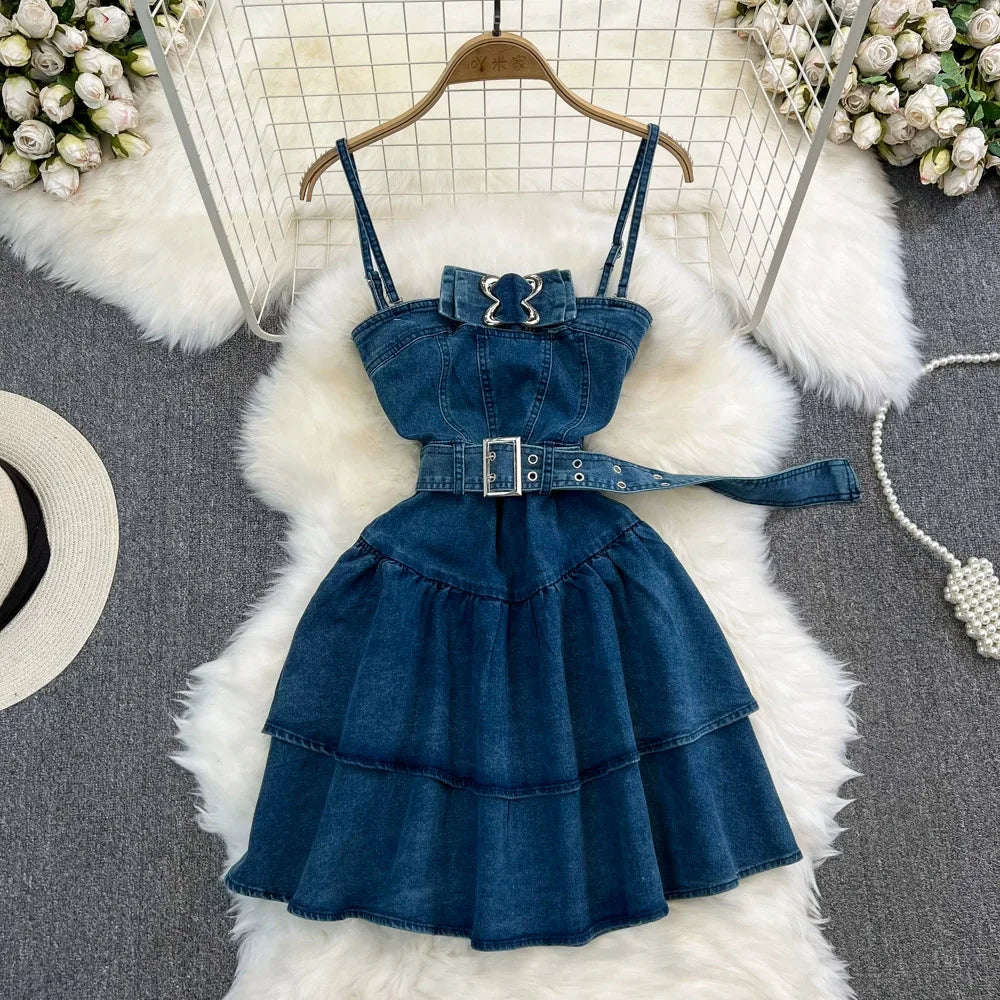 Womens Denim Tiered Skirt Dress with Buckle Accents