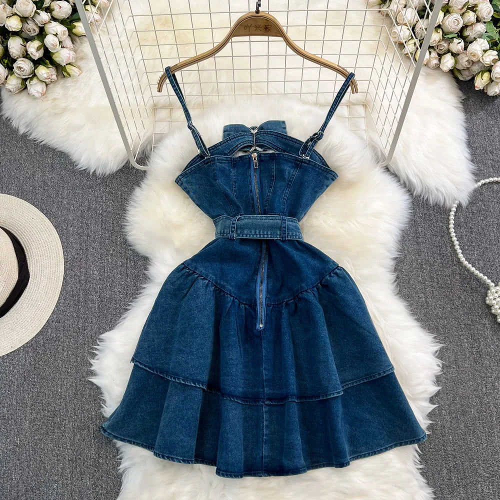 Womens Denim Tiered Skirt Dress with Buckle Accents