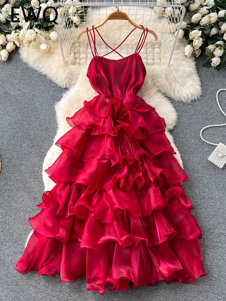 Elegant Ruby Red Silk Ruffled Evening Gown Dress on Luulla