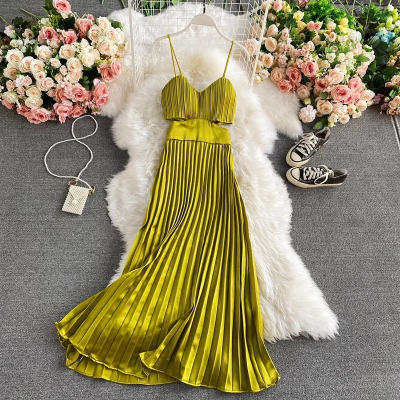 Elegant Olive Green Pleated Satin Maxi Dress For Women