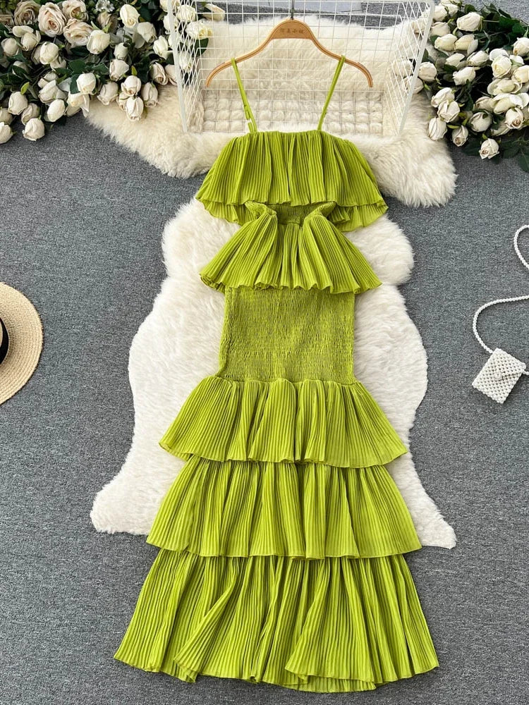 chartreuse pleated dress Green Pleated Charmeuse V Neck Gown With Cape