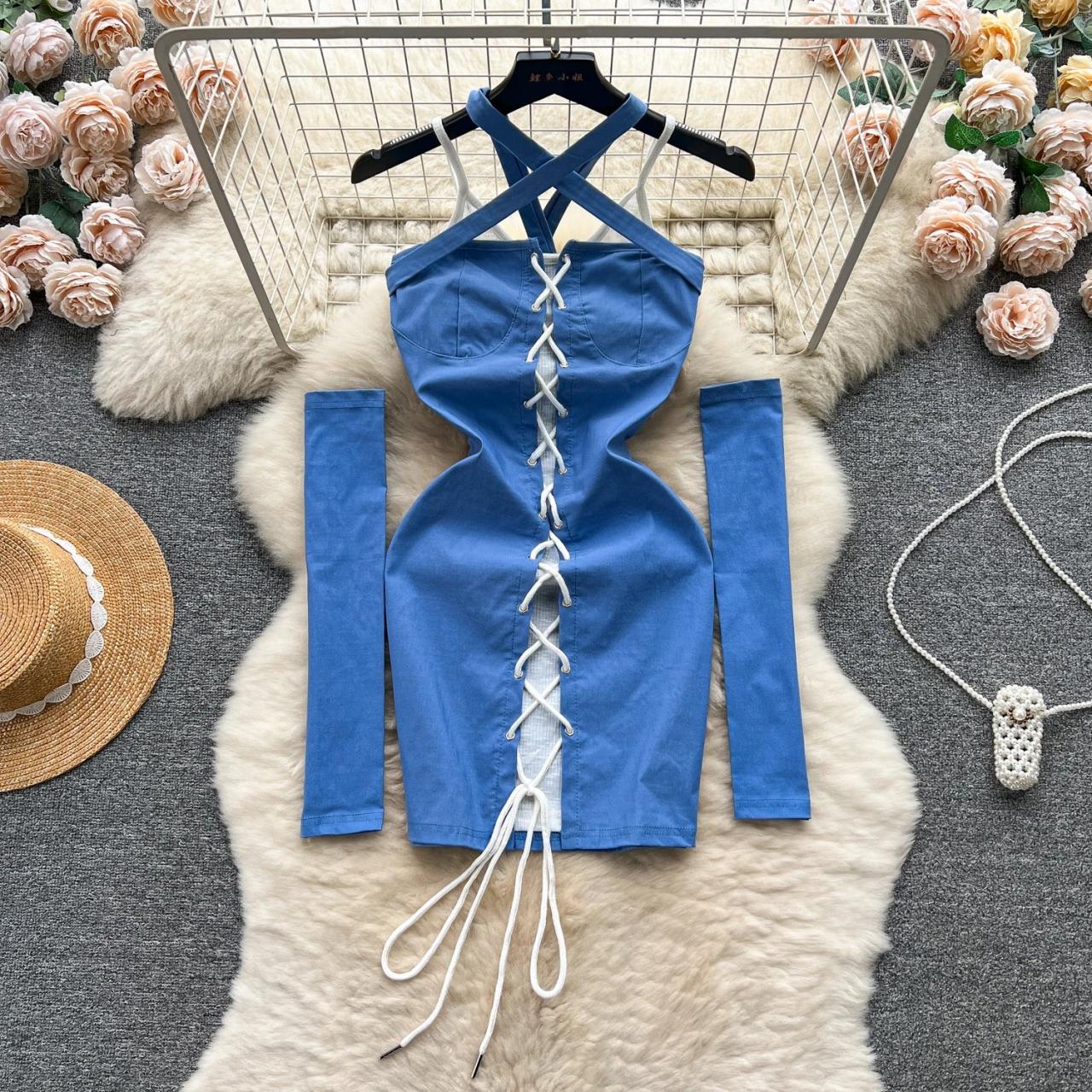 Womens Sleeveless Lace-up Blue Denim Dress With Gloves