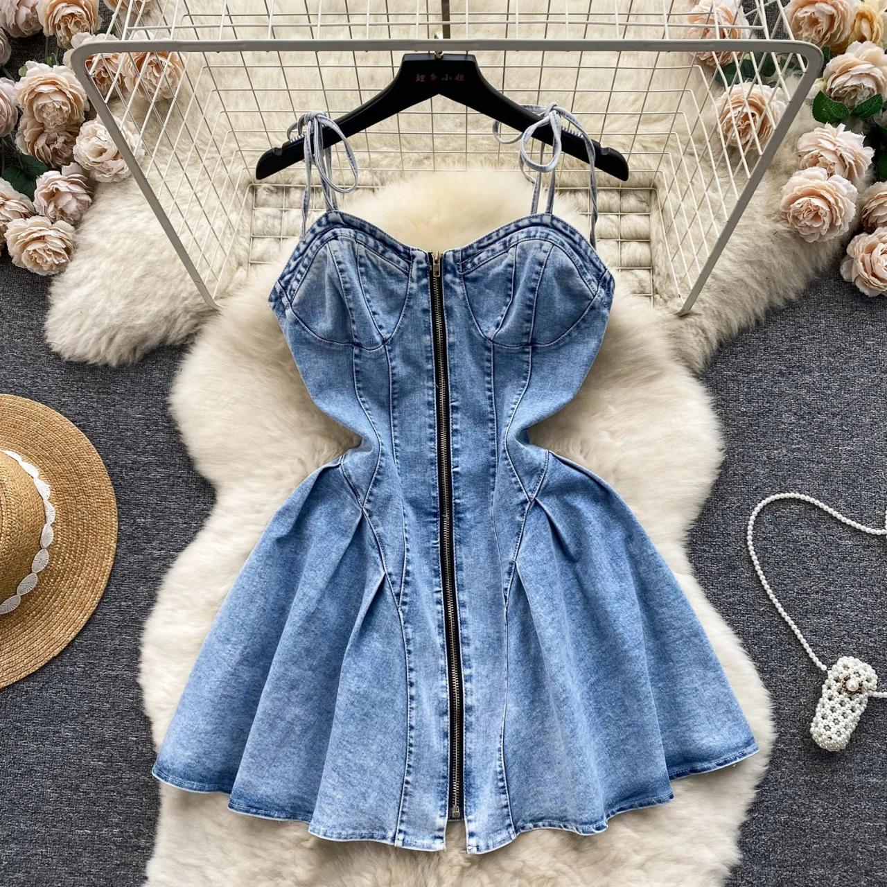 Womens Sleeveless Denim Zip Front A-line Dress