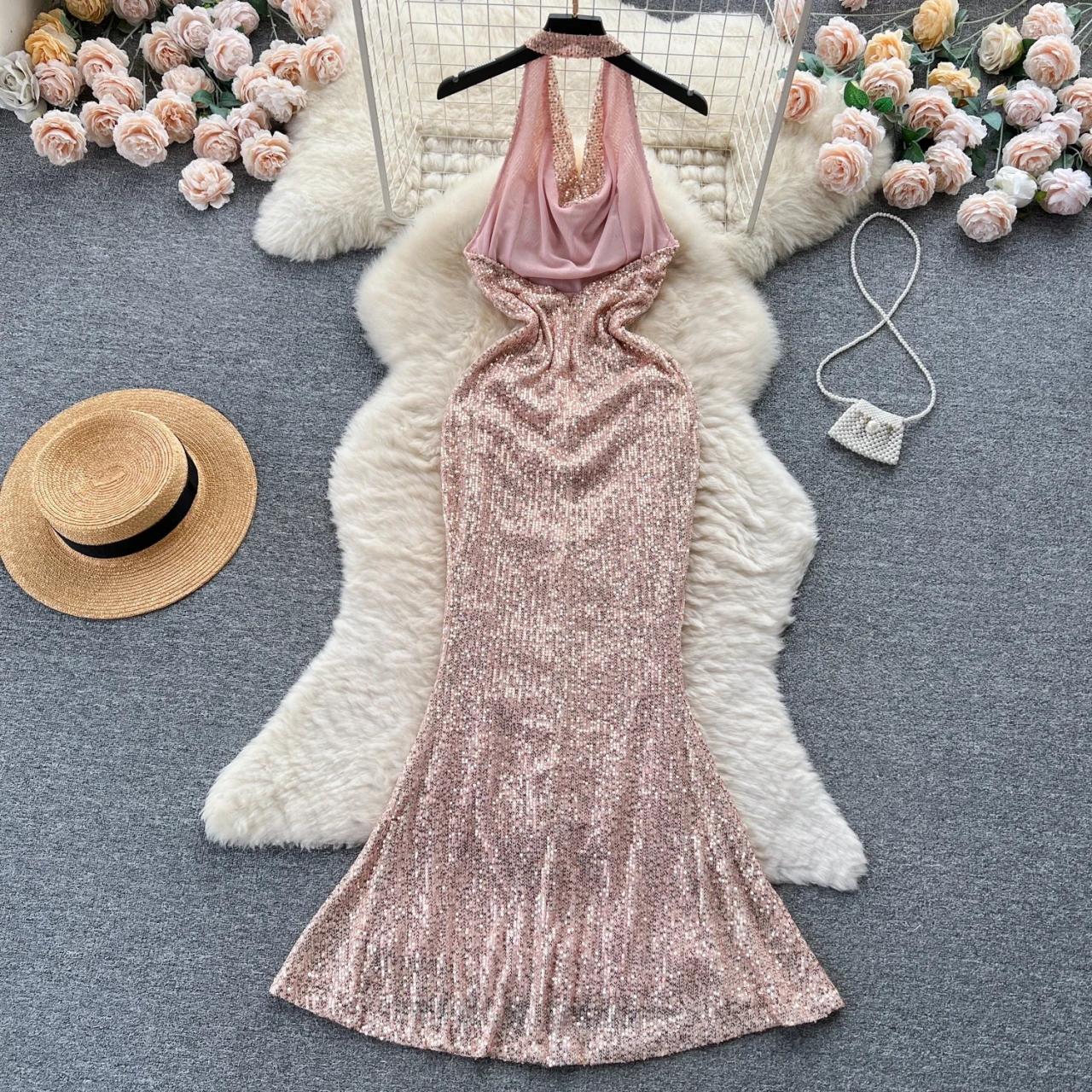 Elegant Rose Gold Sequin Halter Neck Maxi Dress on Luulla