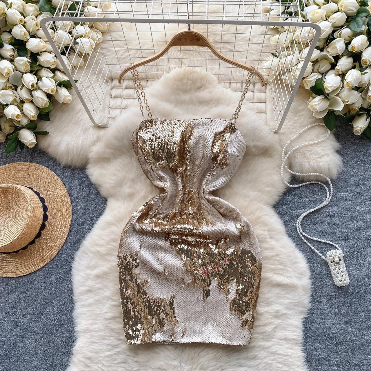 Womens Sparkling Sequin Cocktail Dress With Chain Strap on Luulla