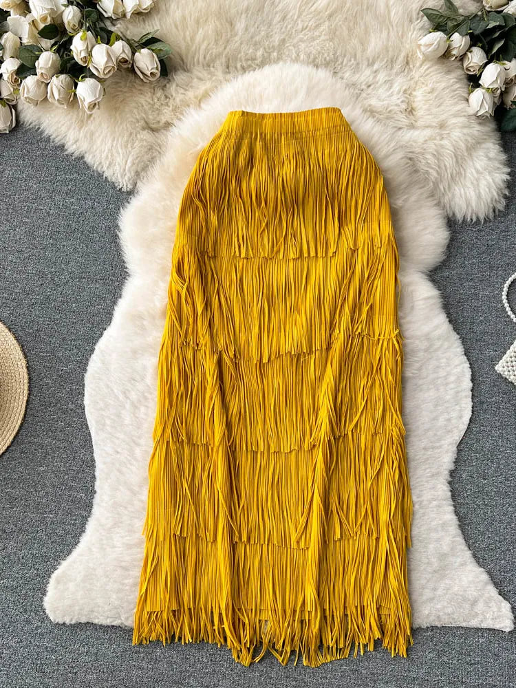 Mustard yellow pleated maxi skirt shop