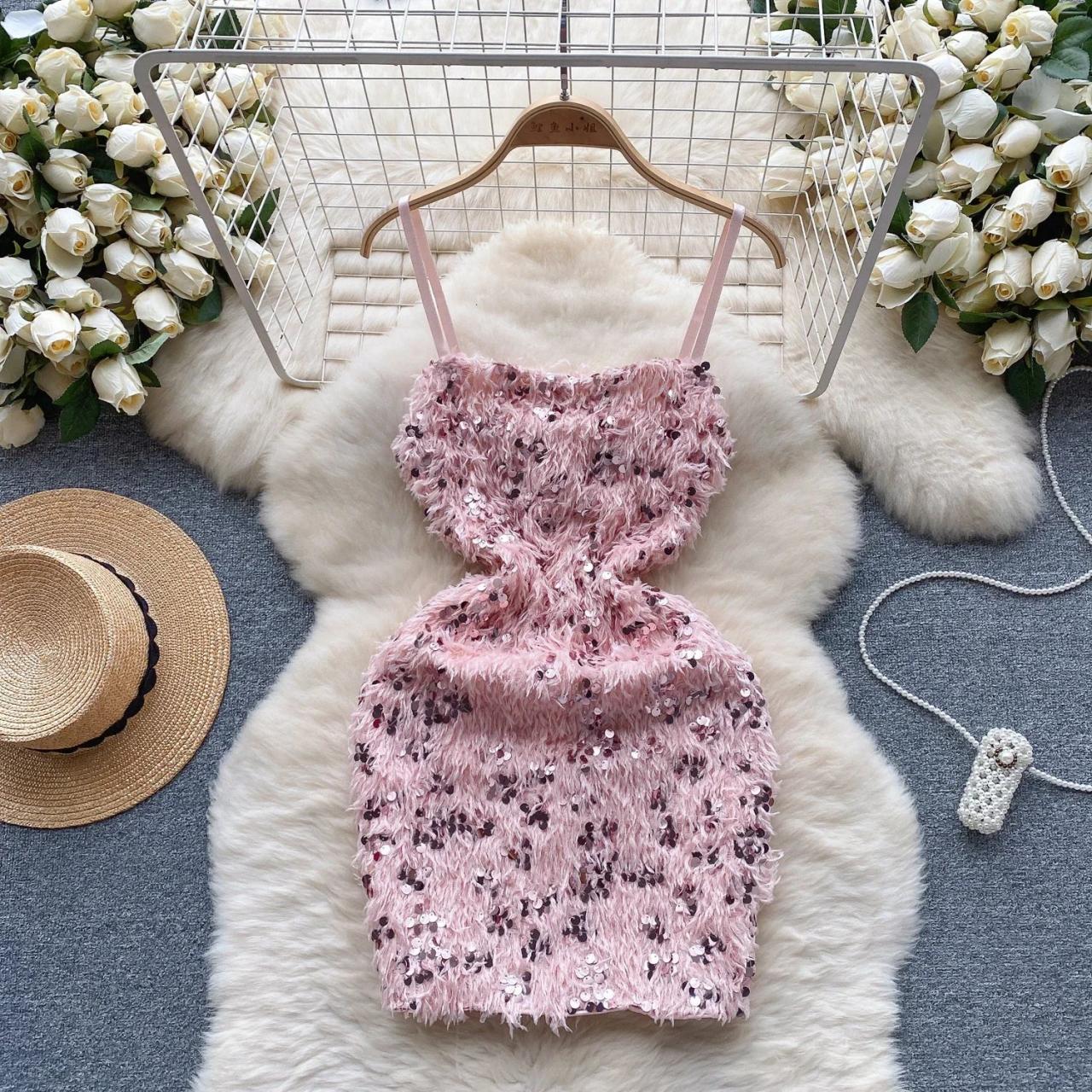 open lace back dress Divine Energy Sparkle Feather Mini Dress - Pink main image 1
