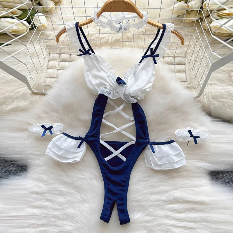 Womens Navy Blue And White Lace-up Swimwear Bodysuit