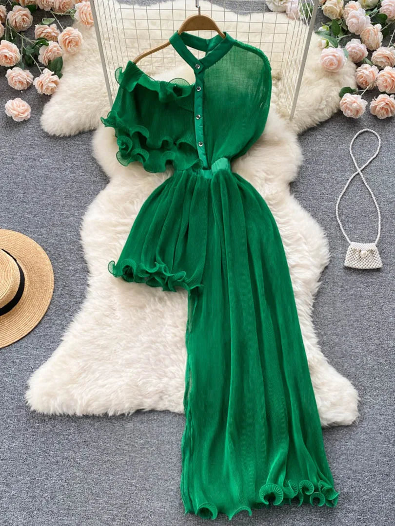 Elegant Green Chiffon Ruffle Collar Maxi Dress Women