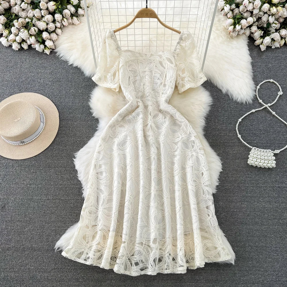 chinese dress ladies White Lace Midi Dress French Style Elegant Wedding Bridal Guest Dress White / M / US 6-8