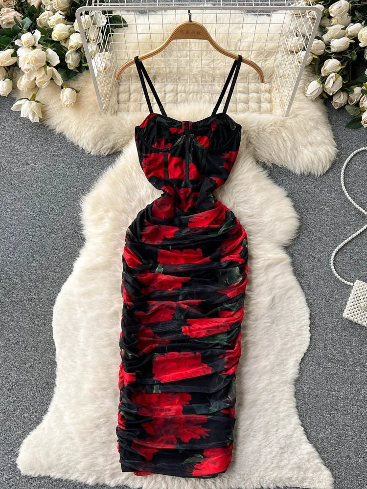 Elegant Floral Ruched Midi Slip Dress For Women