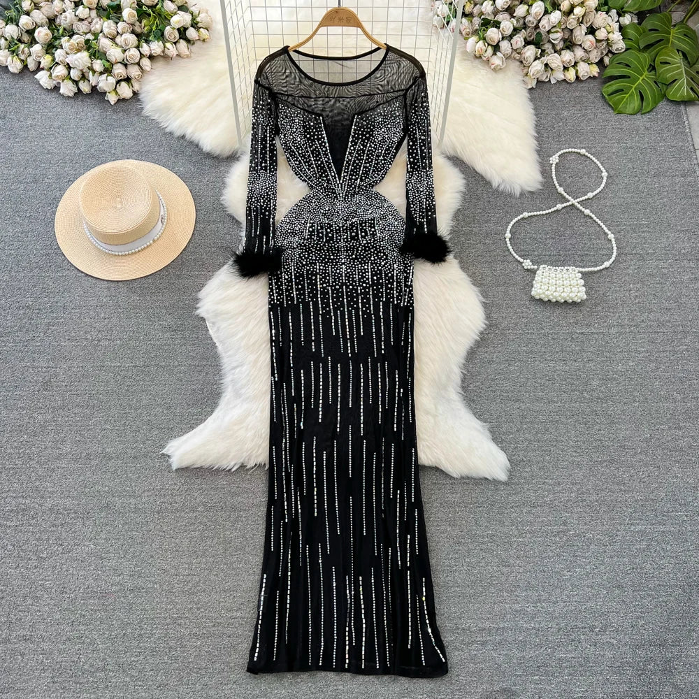 Elegant Long Sleeve Sequin Gown With Faux Fur Cuffs
