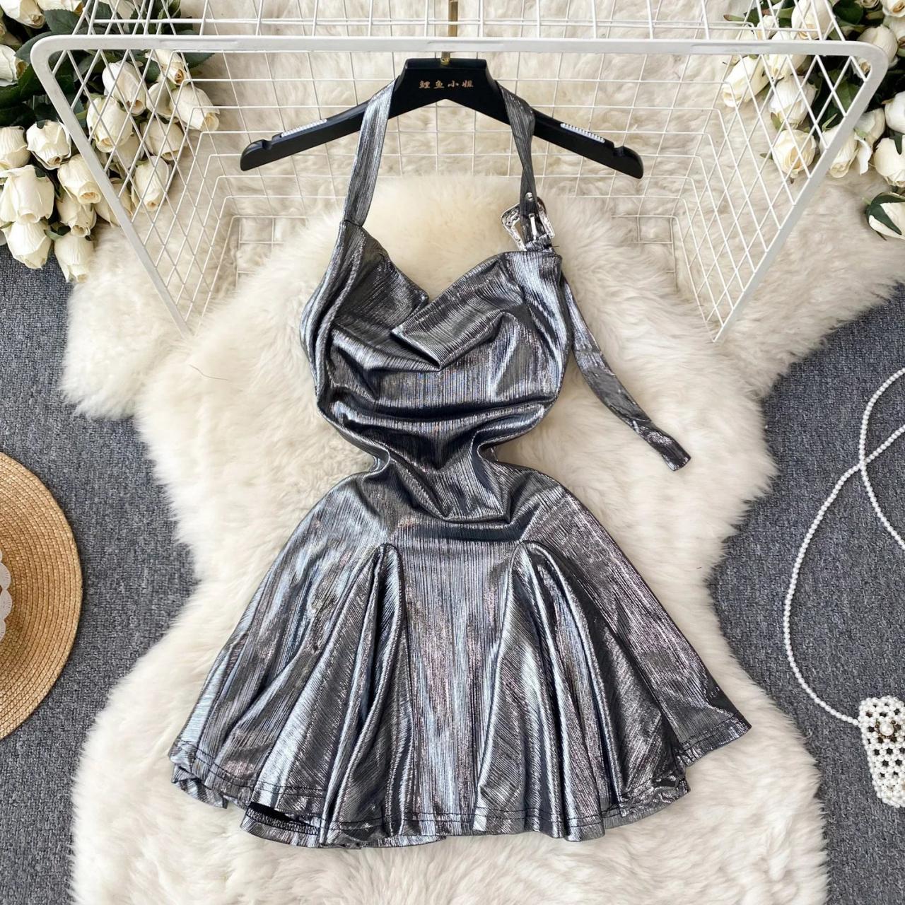 Metallic Pleated Halter Neck Party Dress Womens