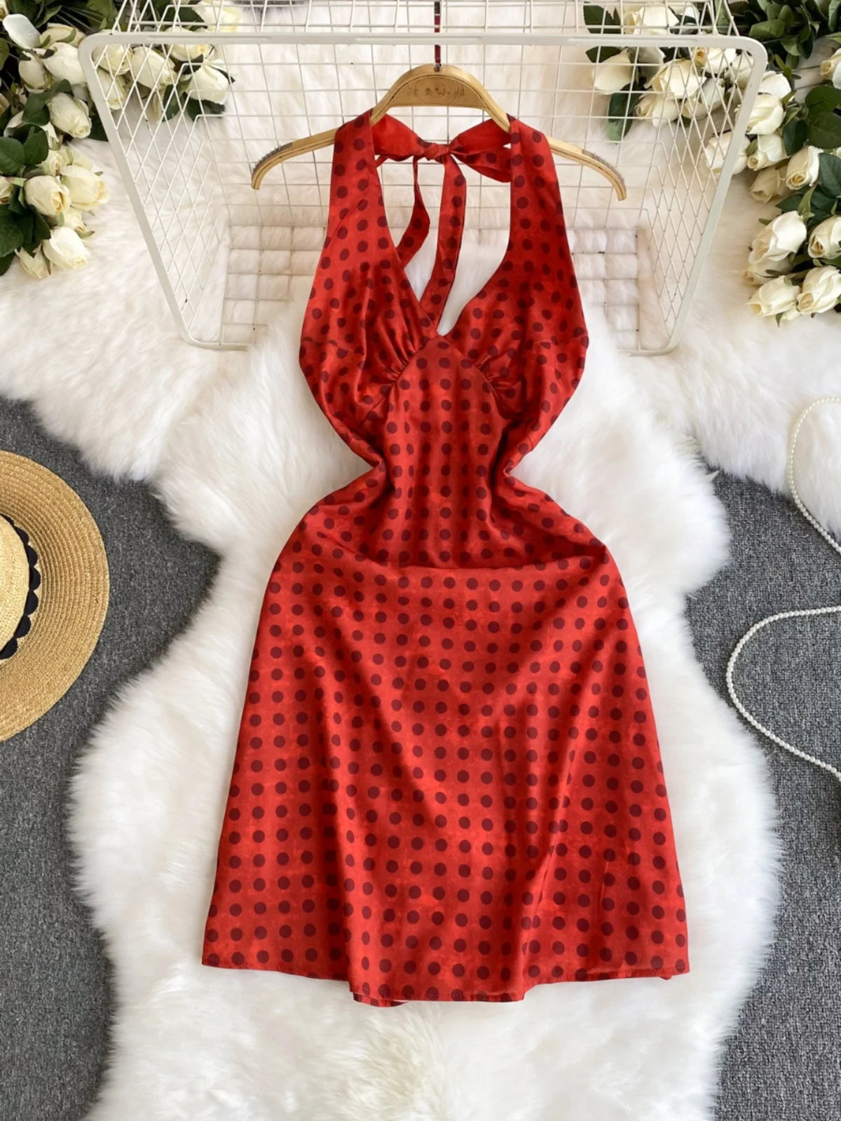 red polka dot halter dress Elegant Red Polka Dot Halter Neck Cocktail Dress