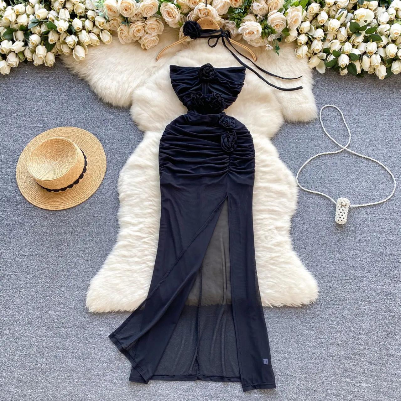 Womens Halter Neck Split Front Sleeveless Maxi Dress