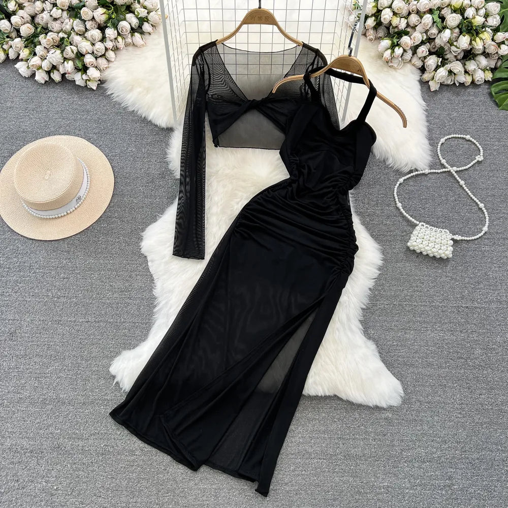 Elegant Black Sheer Sleeve Evening Gown With Split