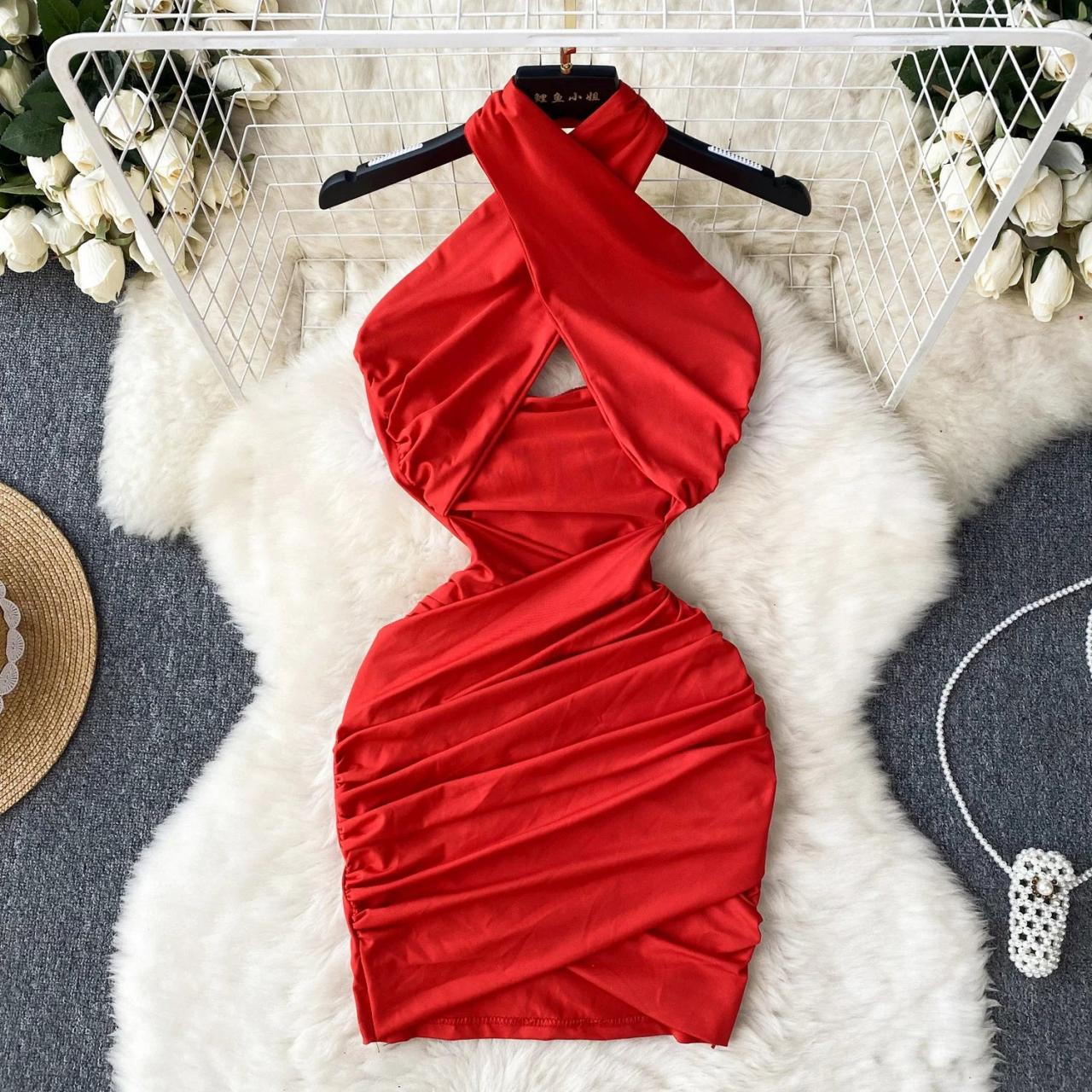 Elegant Red Halter Neck Cocktail Party Dress Women