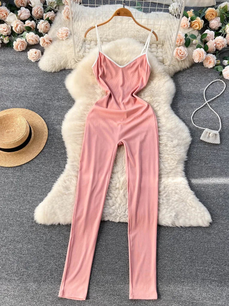 Chic Pink Sleeveless Spaghetti Strap Jumpsuit For Women