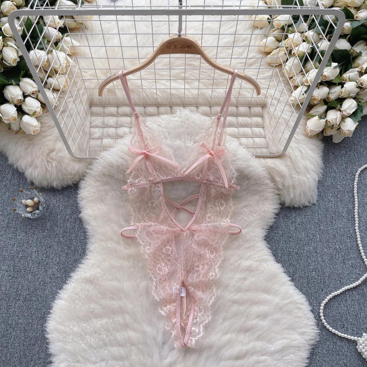 Womens Delicate Pink Lace Bodysuit Lingerie With Bows