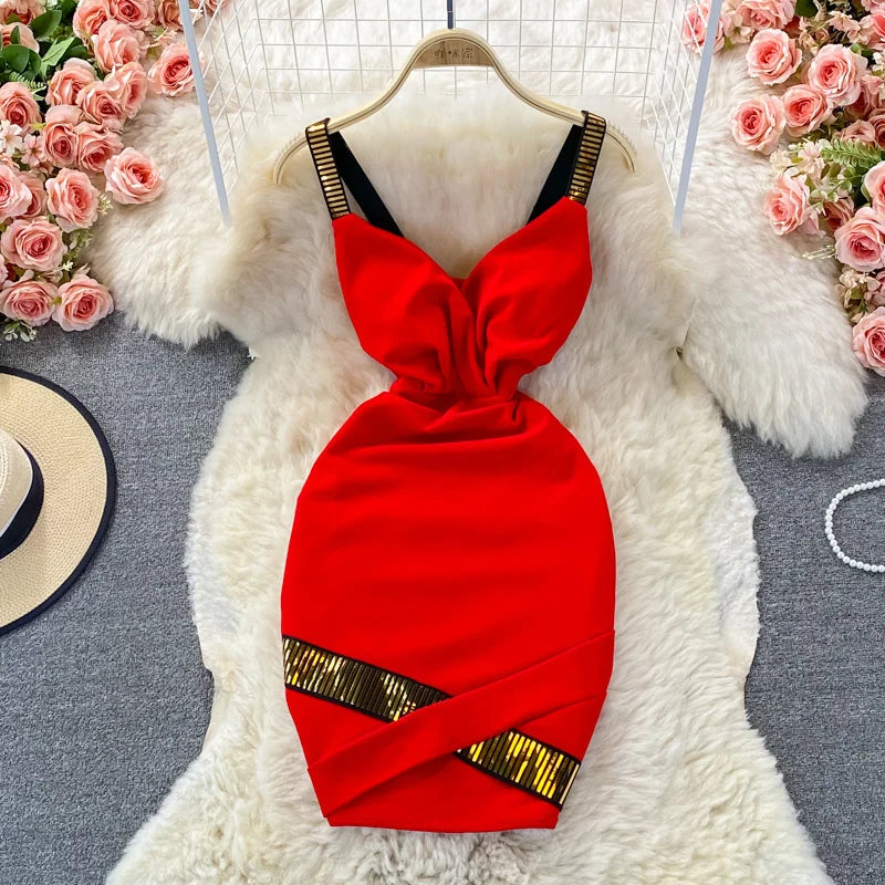 Elegant Red Sleeveless Cocktail Dress With Gold Accents