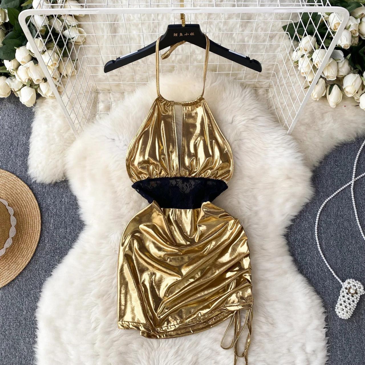 Elegant Gold Halter Neck Velvet Trim Cocktail Dress