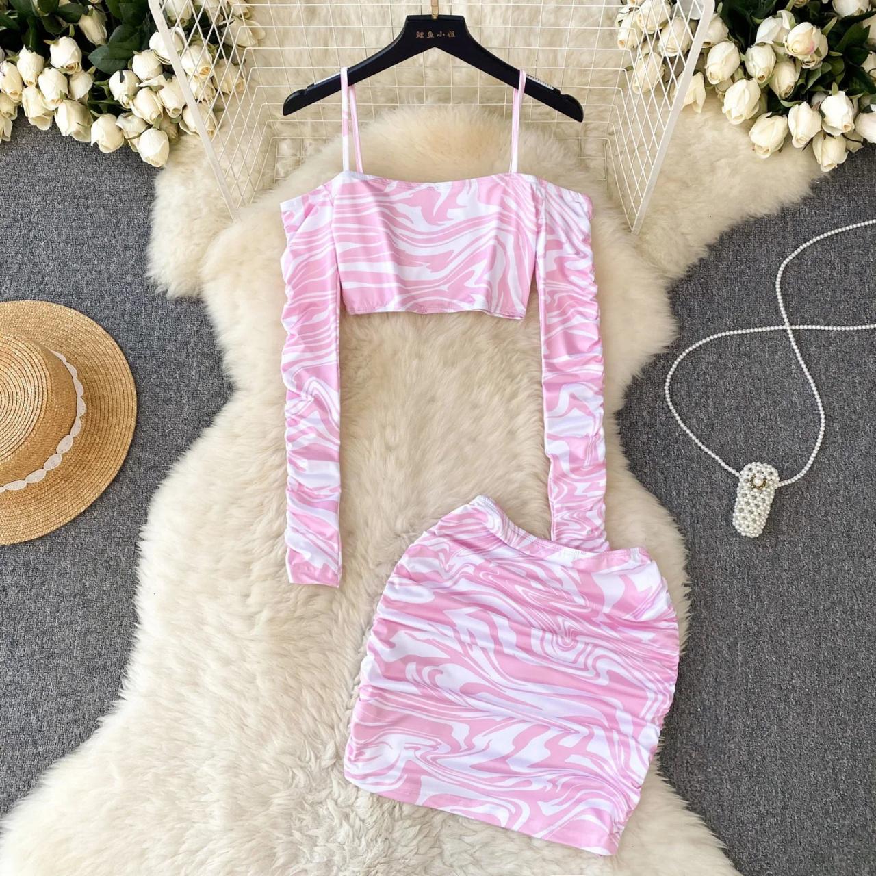 Womens Pink Marble Print Crop Top With Long Sleeves