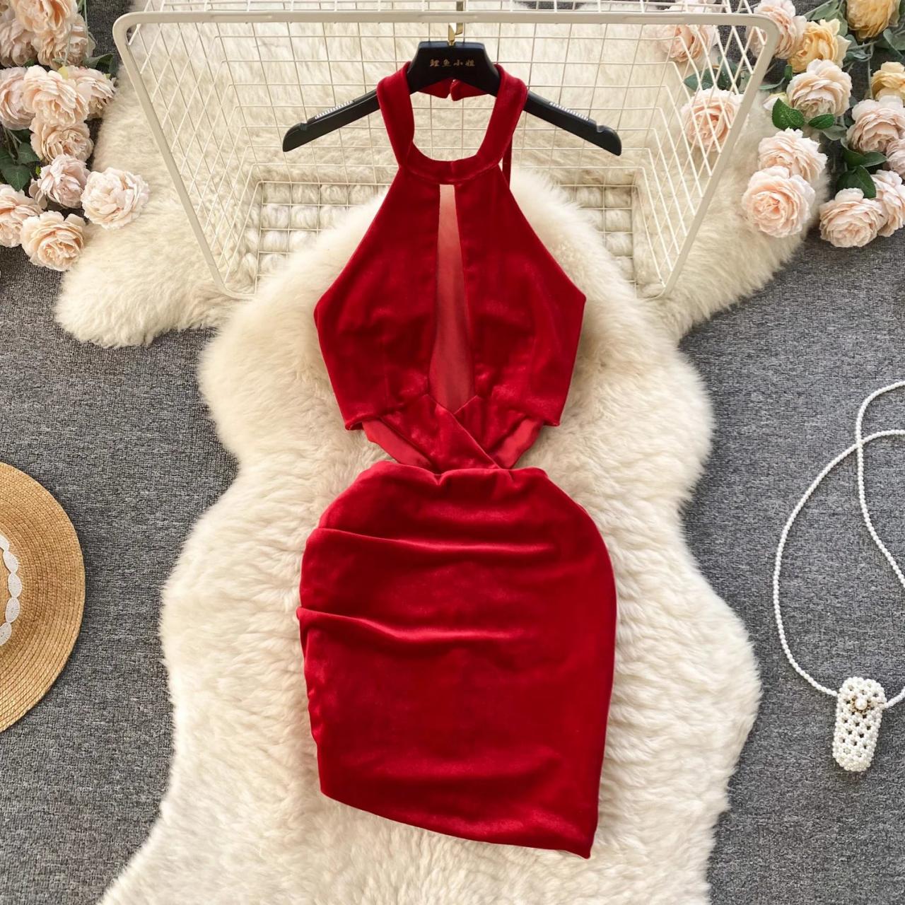 open lace back dress Velvet Halter Neck Tango Dress With Lace Waist – conDiva main image 0
