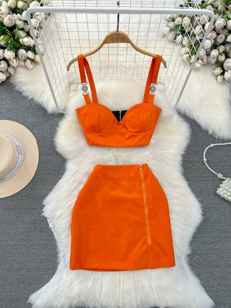 Womens Orange Crop Top And Mini Skirt Set