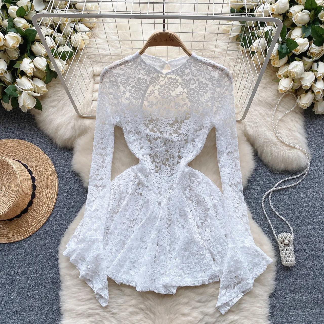 knee length dresses for ladies Crystal Bow Accent Puff Sleeve Lace Mini Dress – IHF STUDIO main image 1