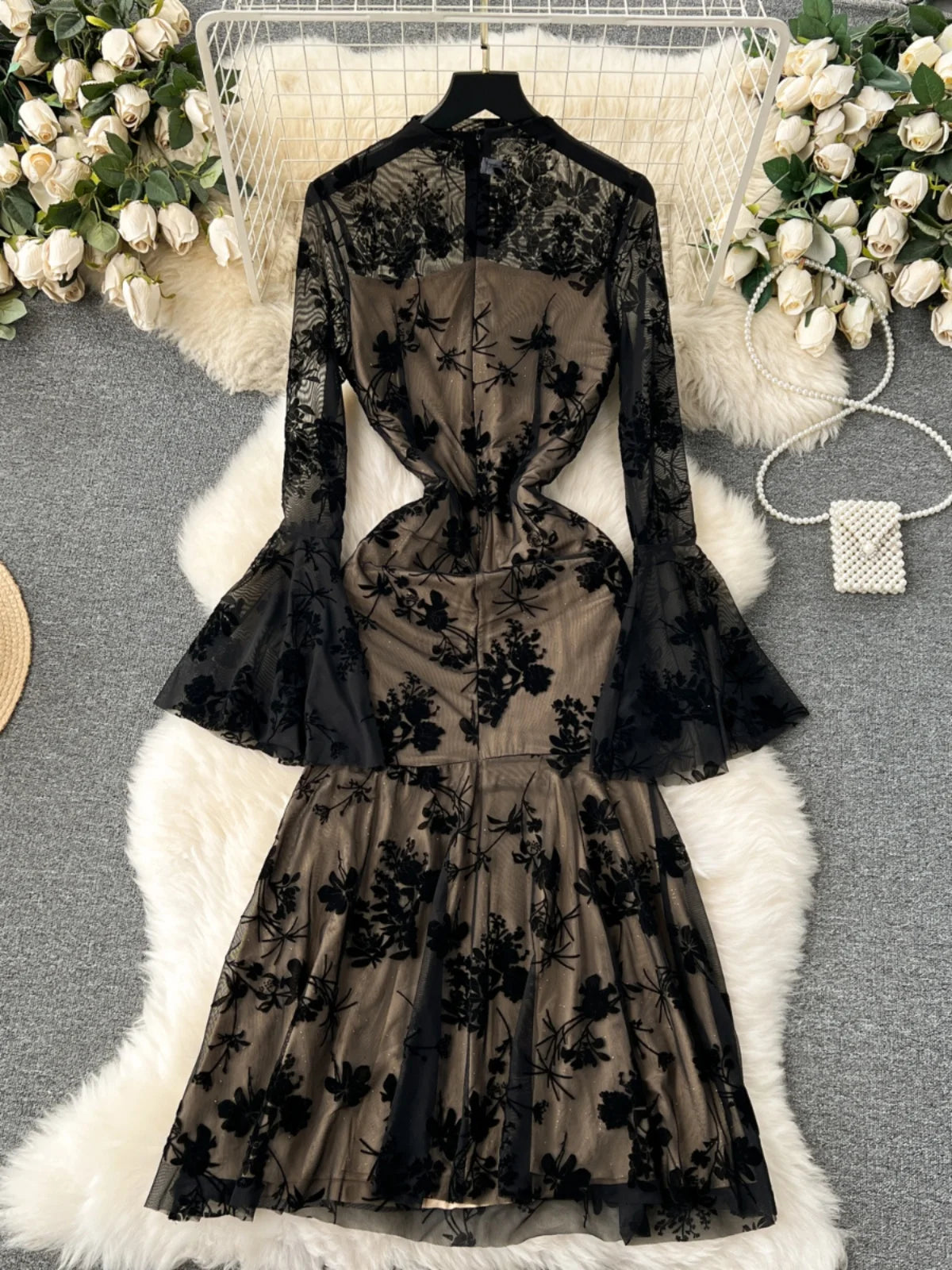 Black Stylish Floral Lace Nightdress