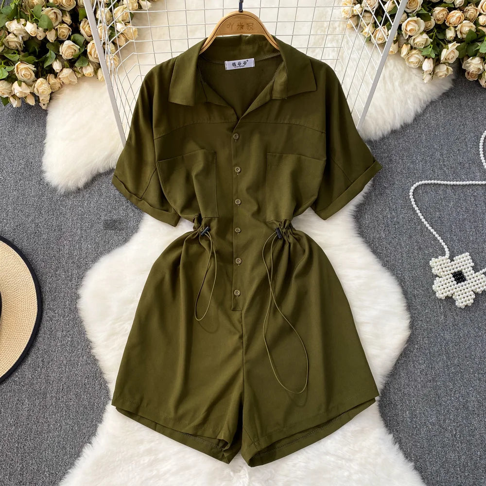 Casual Olive Green Button up Romper With Drawstring Waist