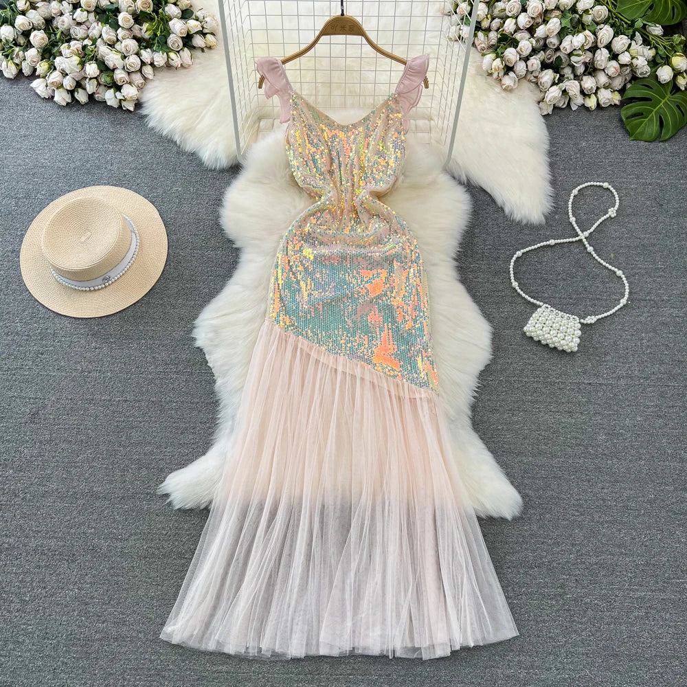 Elegant Sequin Bodice Tulle Skirt Cocktail Dress Pink