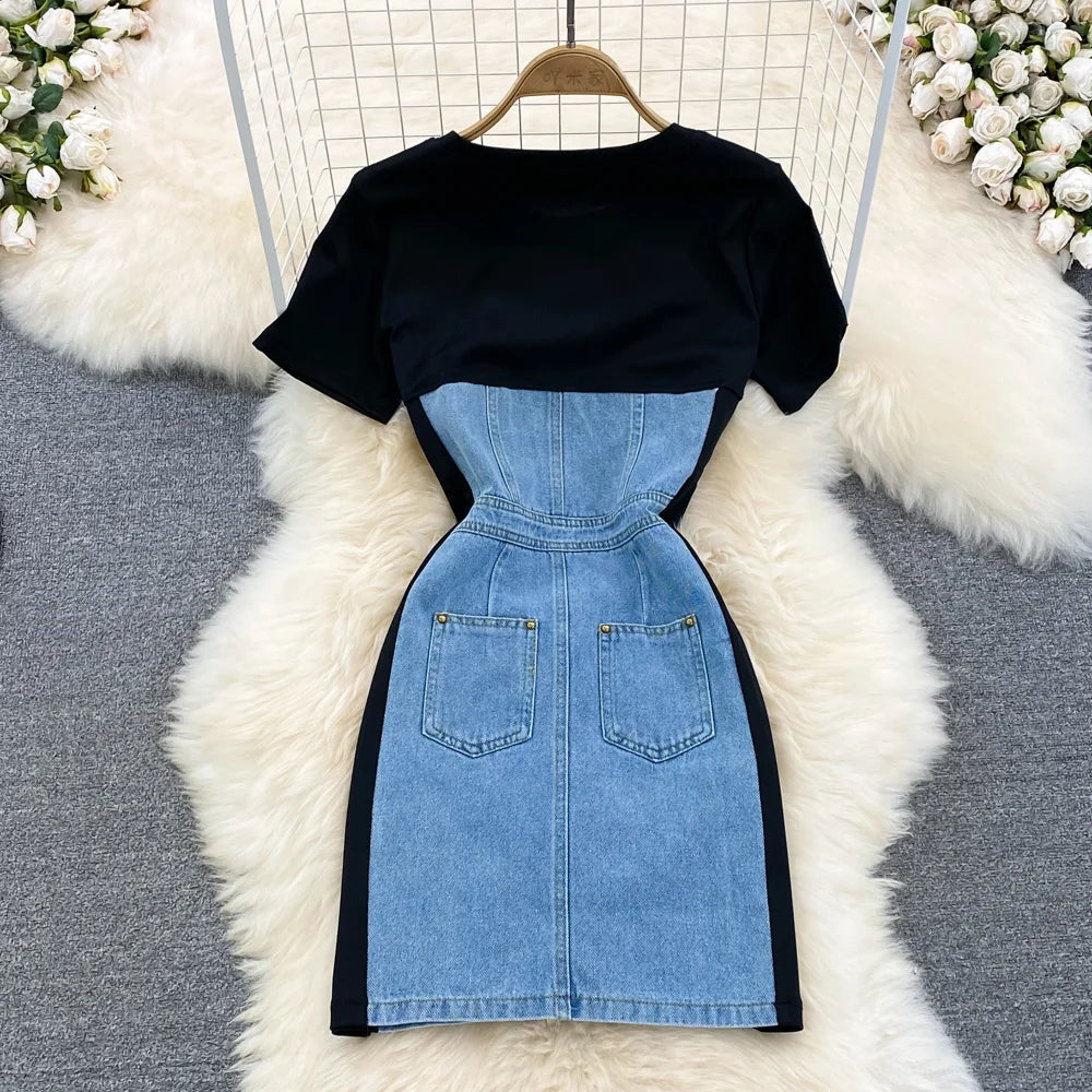 denim color block dress SHORT SLEEVES DENIM COLORBLOCK DRESS Blue / 10