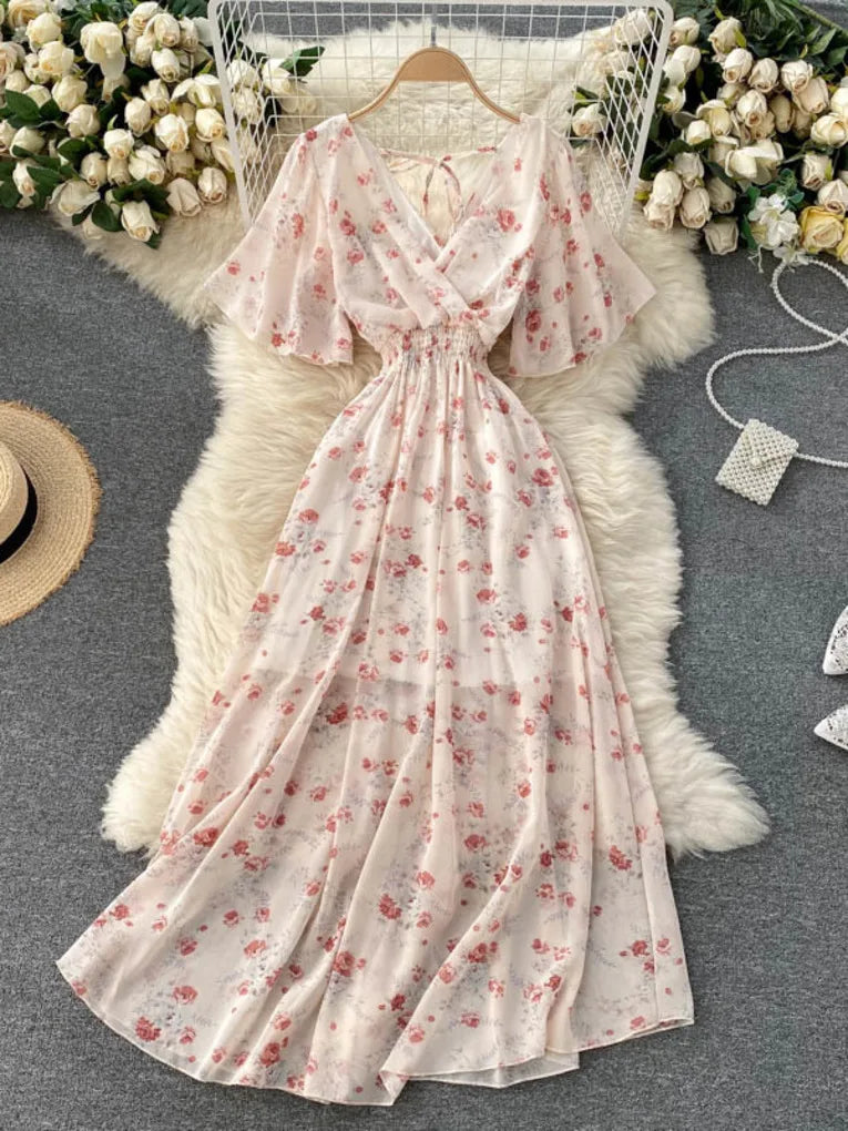 Moxidress Deep V Neck Sleeveless Cut Out Floral Print Ruffle Maxi Dress main image 0