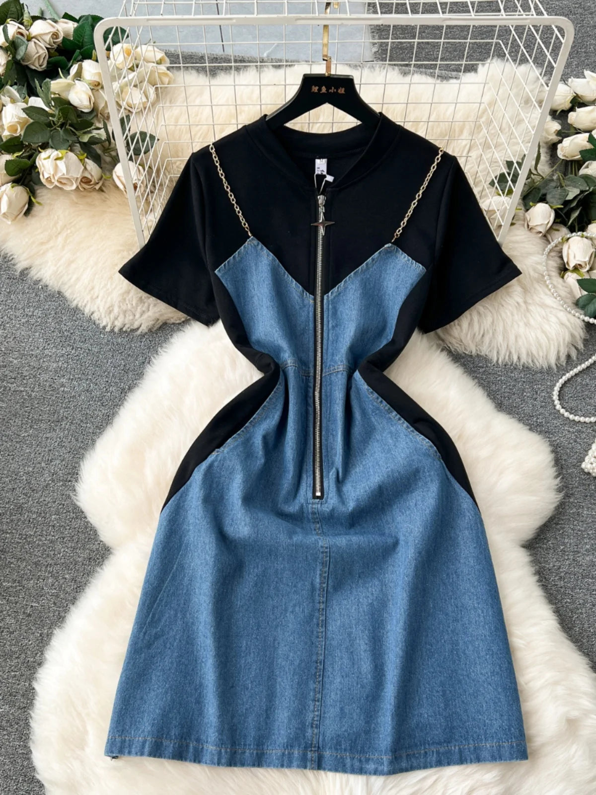 chain strap denim dress Denim Dress with Waist Chain, LIGHT BLUE / S