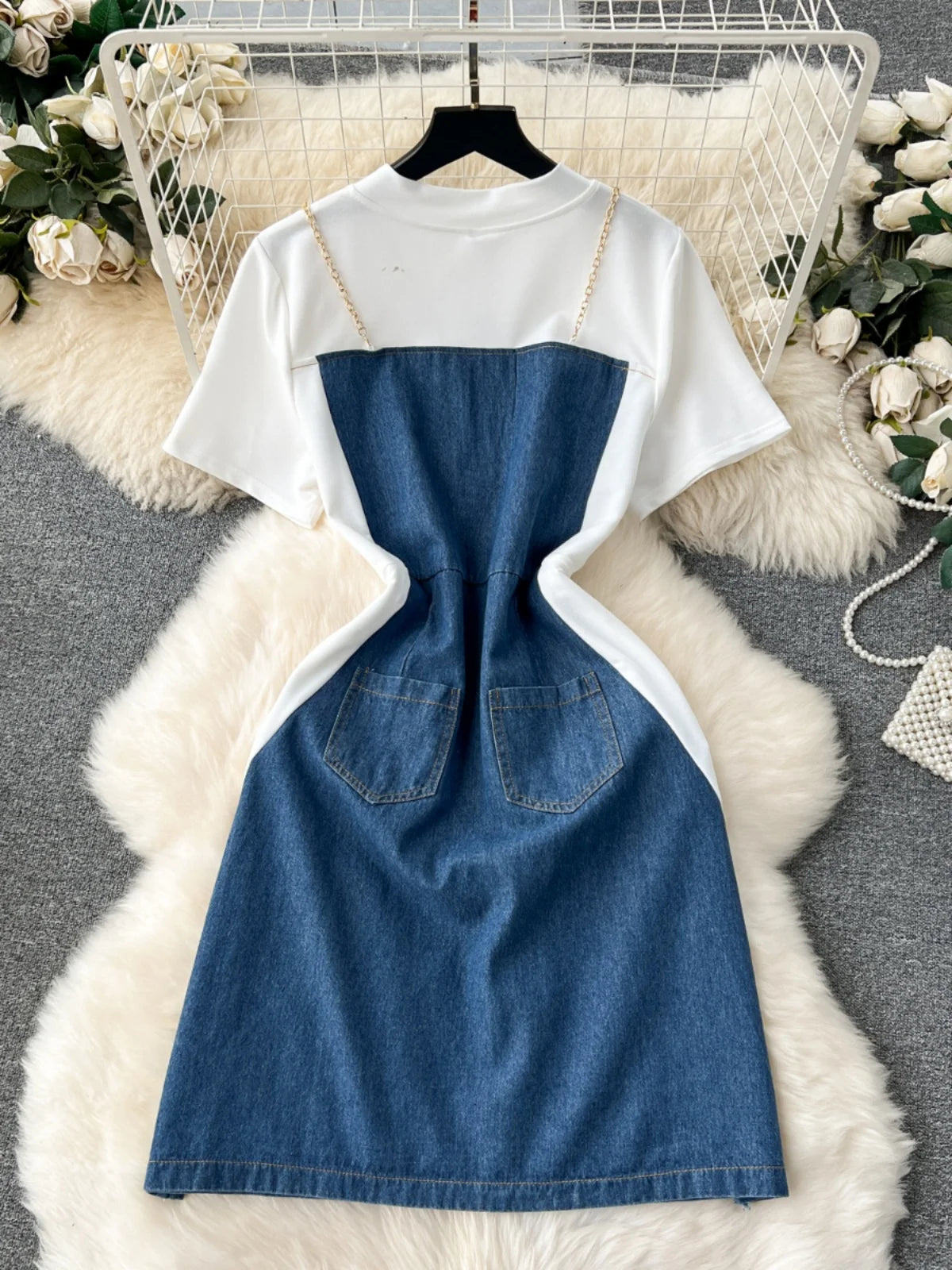 chain strap denim dress AKIRA Julia Denim Mini Dress | Light Blue