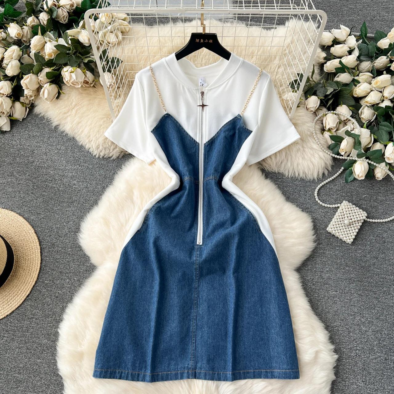 strap denim dress Elegant Long Midi Single Buttoned Strap Denim Dress Fashionable High Waist  A-Line Skirt Backless Design Cotton Polyester Blend