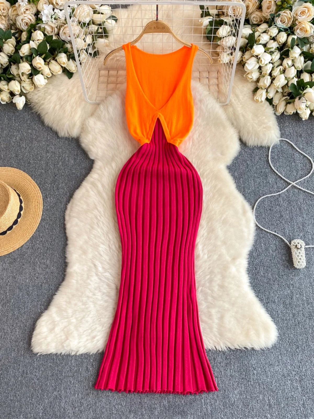 Womens Sleeveless Halterneck Pleated Maxi Dress Orange