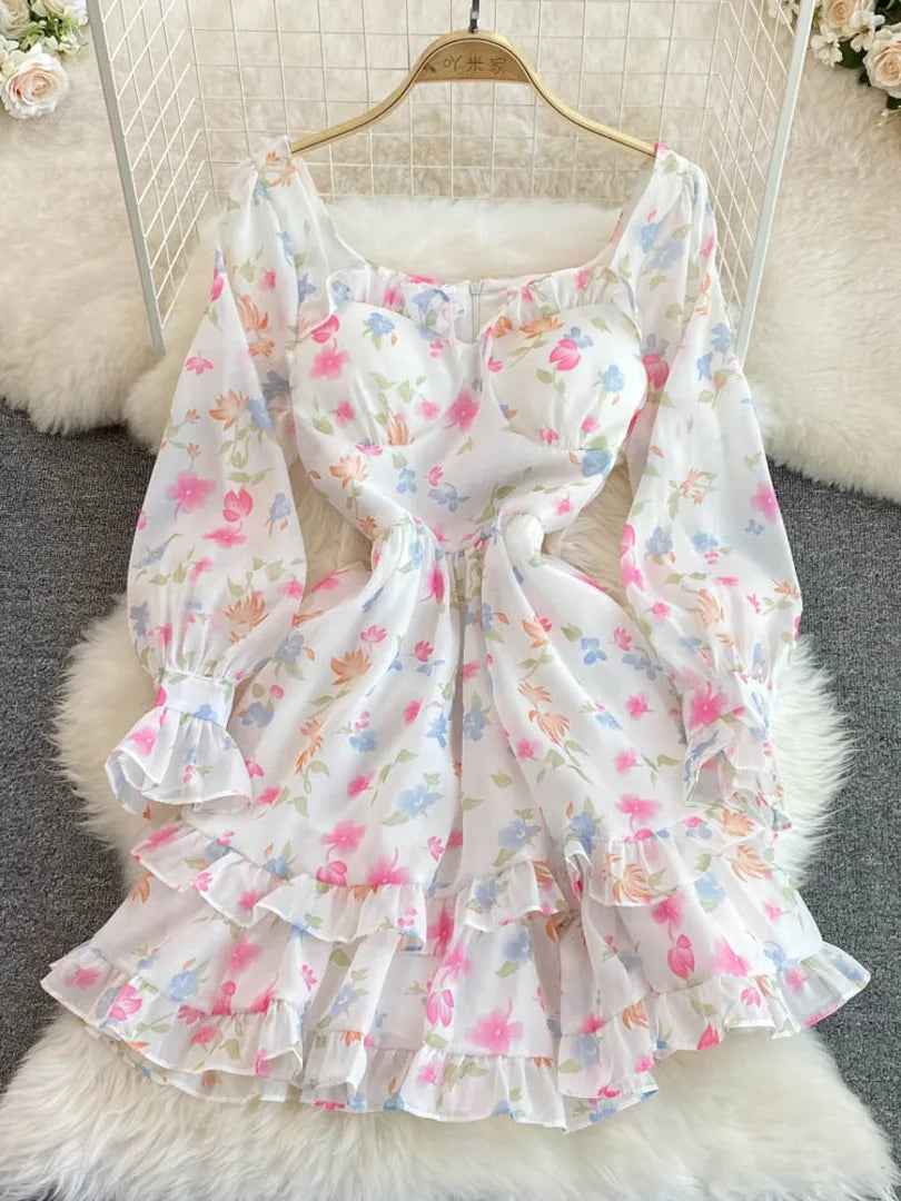 knee length dresses for ladies Ruffle Hem Floral Square Neck Long Sleeve Dress Sage / XL main image 1