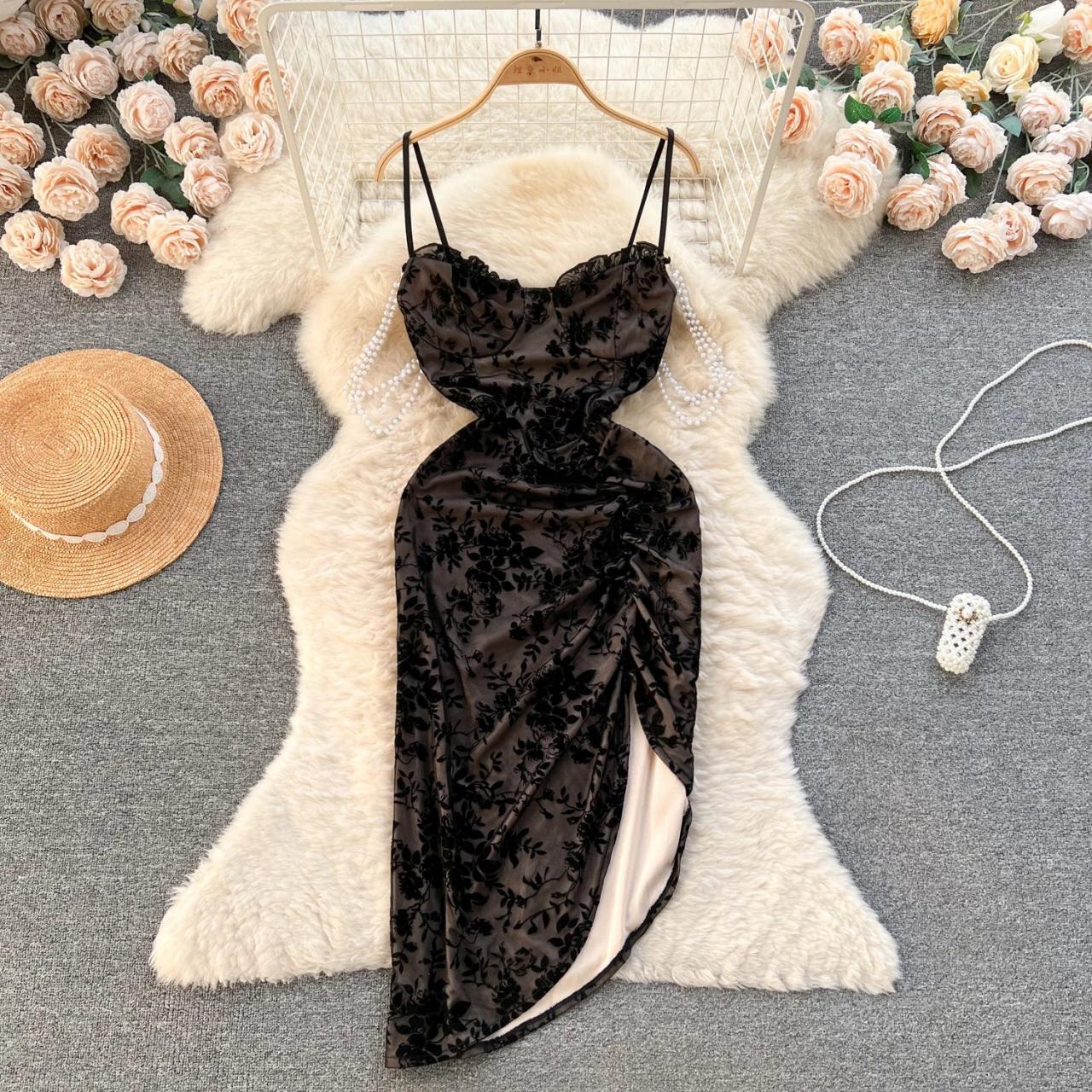 Elegant Velvet Floral Midi Dress With Spaghetti Straps