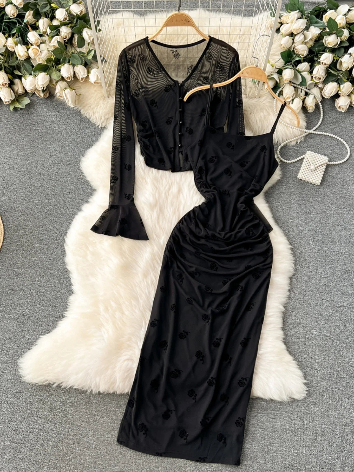 Elegant Black Sheer Sleeve Dress With Floral Embroidery