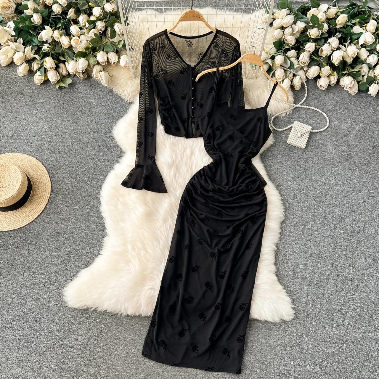 Elegant Black Sheer Sleeve Dress With Floral Embroidery