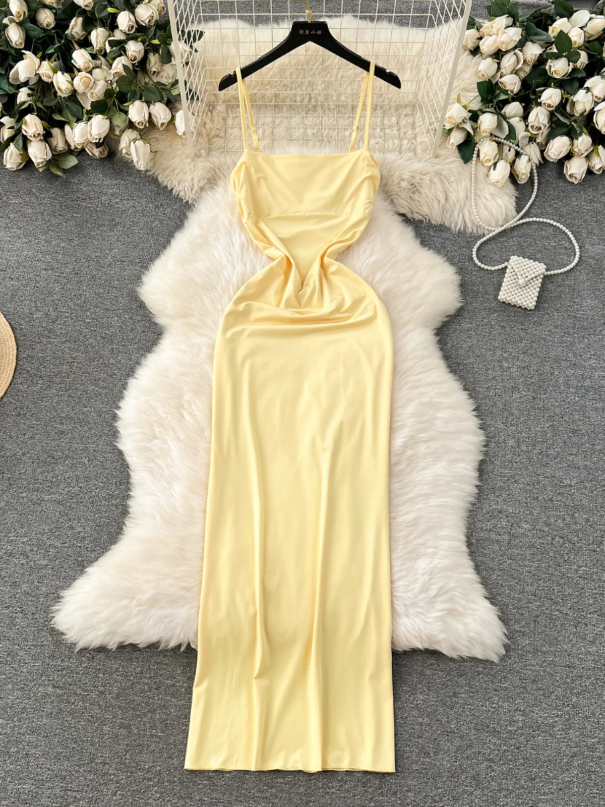 Elegant Yellow Satin Slip Dress For Evening Events